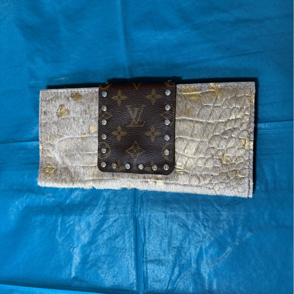 LV Metallic Cream Haircalf Clutch with Brown Monogram Studded Flap